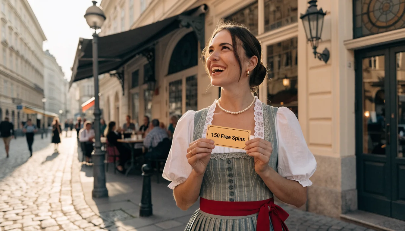Junge Frau in Tracht mit goldenem Ticket vor Wiener Café