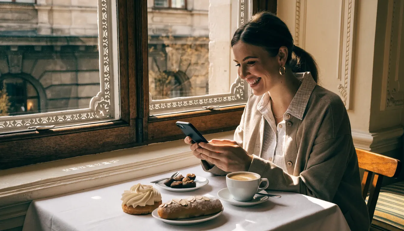 Junge Frau in einem Wiener Café mit Smartphone und Kuchen