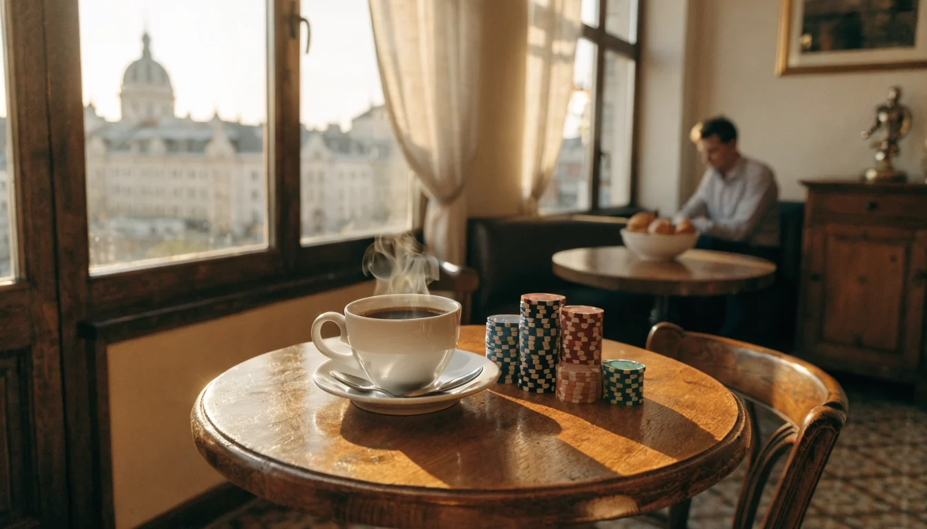Gemütliches Wiener Café mit Kaffetasse, Casino-Chips und Abendlicht