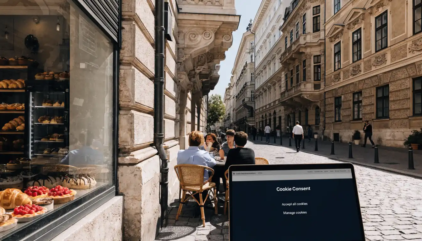 Wiener Straßenszene mit Laptop und Cookie‑Hinweis