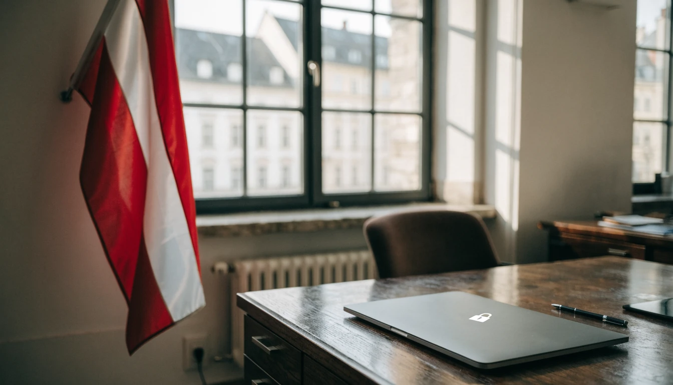 Viena Büro mit Laptop und Datenschutzhinweis im natürlichen Licht