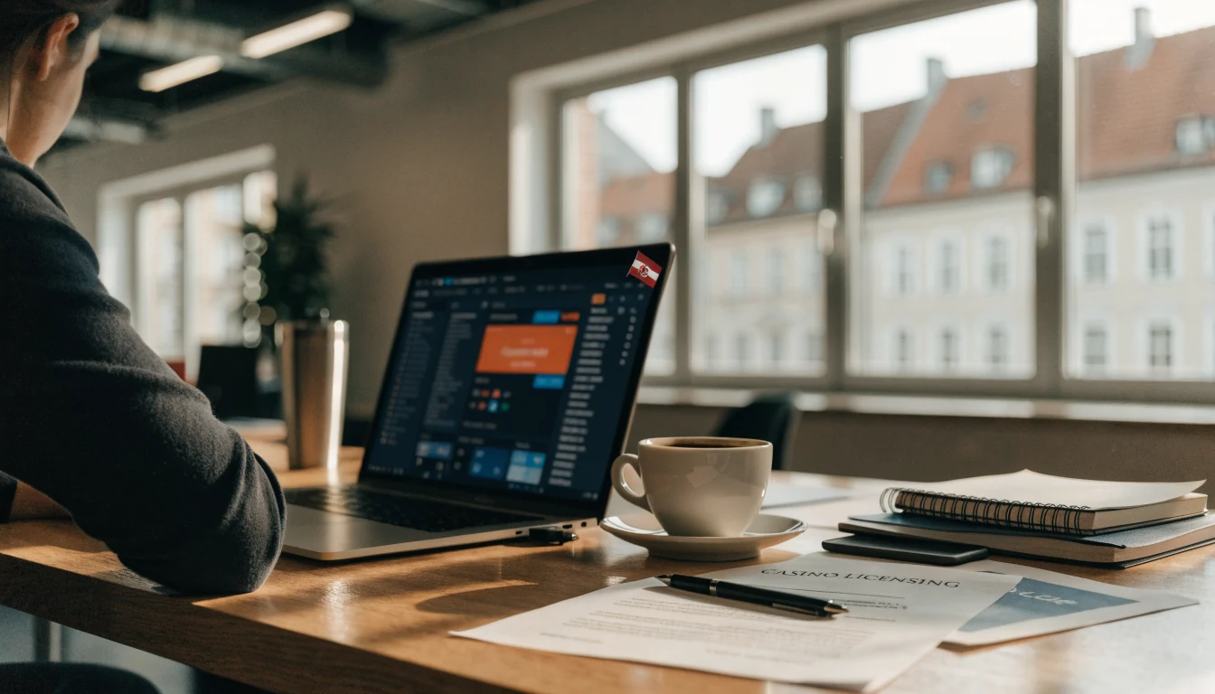 Büro mit Laptop, österreichischer Flaggensticker und Kaffeetasse