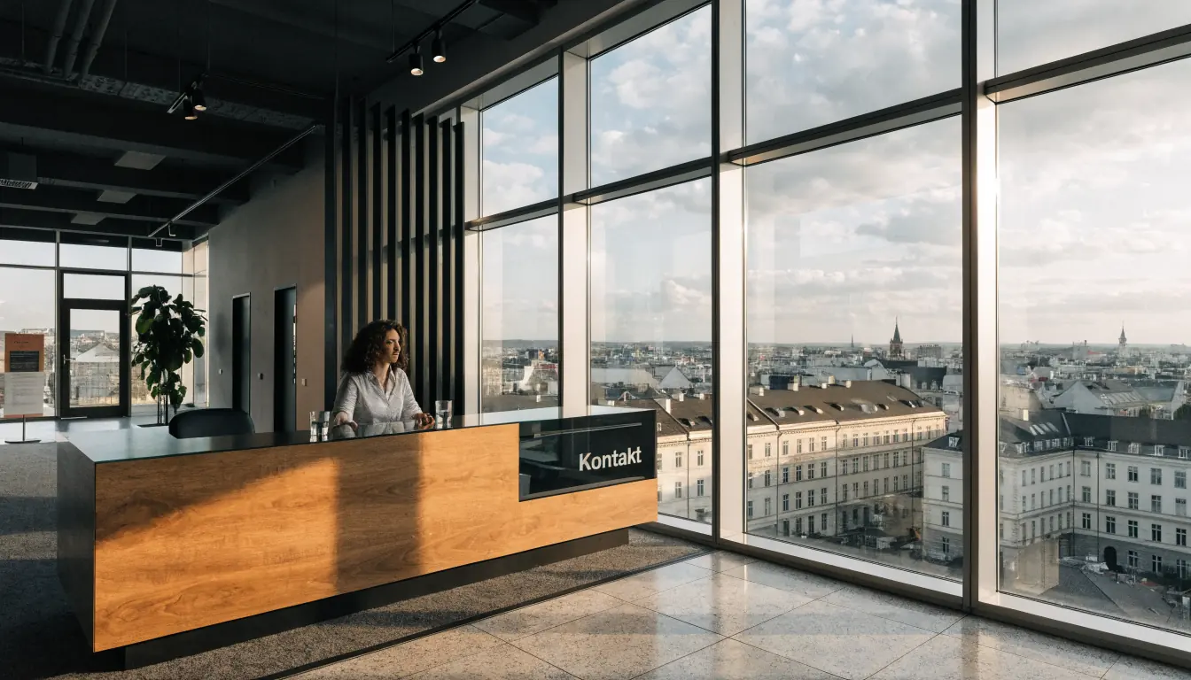 Moderne Büro-Lobby mit Kontakt-Postfach und Wiener Skyline