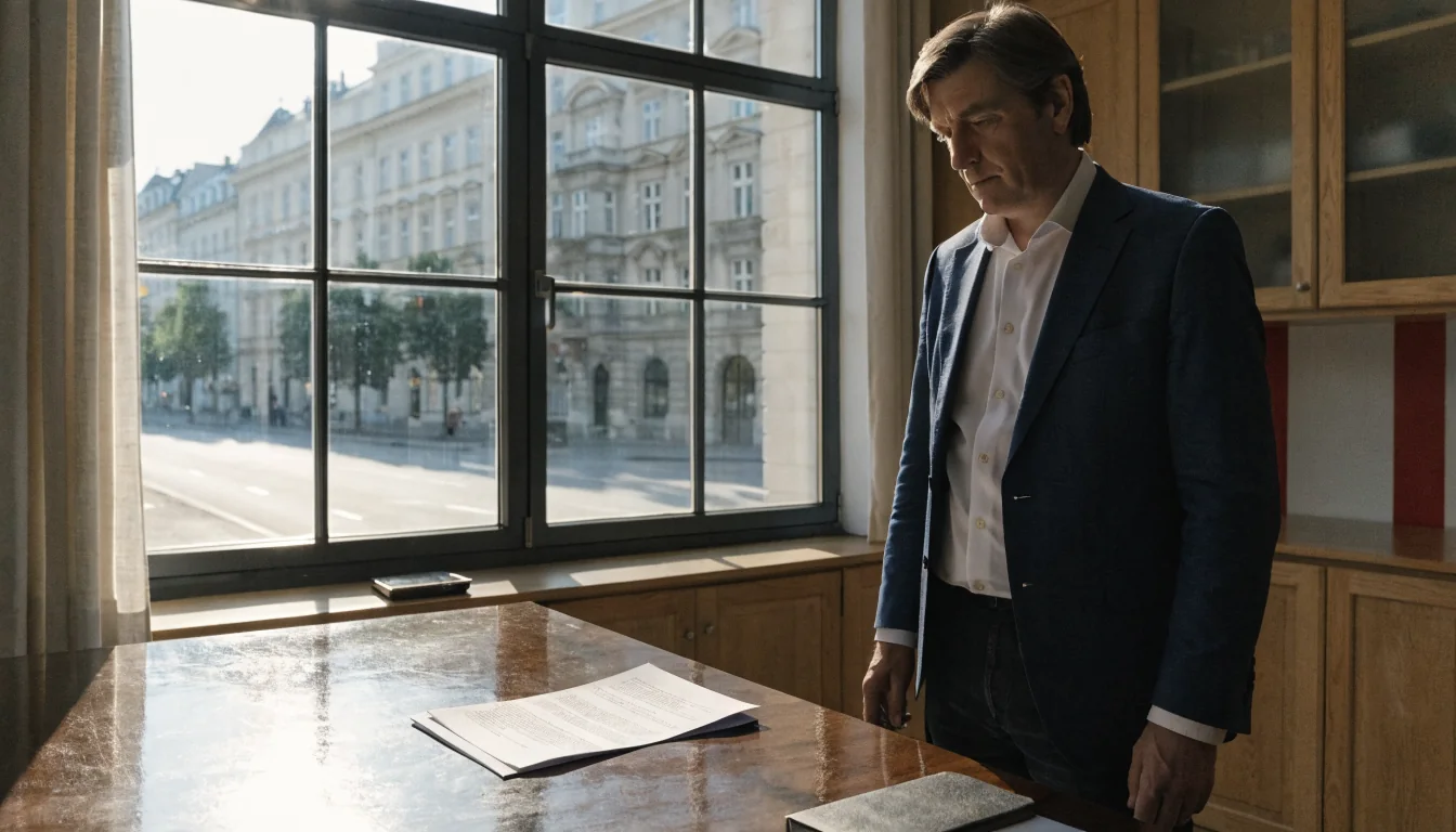 Ein Anwalt im Büro mit Vertrag und Wiener Architektur im Hintergrund.