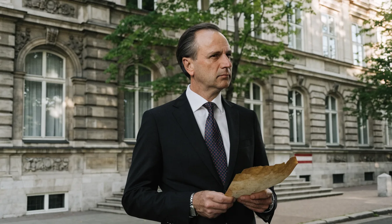 Österreichischer Rechtsanwalt vor historischem Gerichtsgebäude bei Tageslicht.