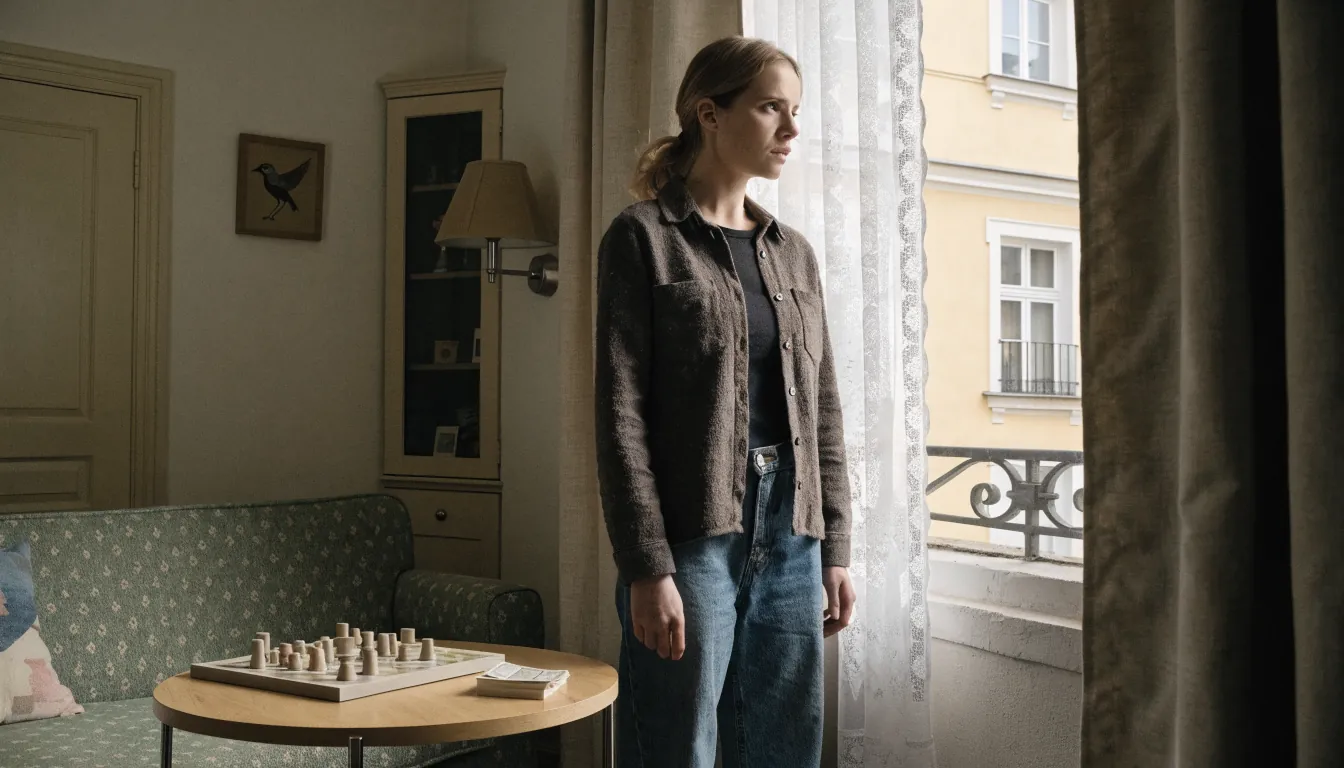 Junge österreichische Frau im Wohnzimmer, Fensterlicht, Brettspiel, Rechnungen.